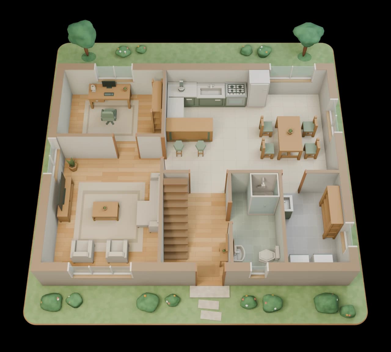 The house as the game shows it: the kitchen and the dining room are open, and the other rooms stay covered until you unlock them.