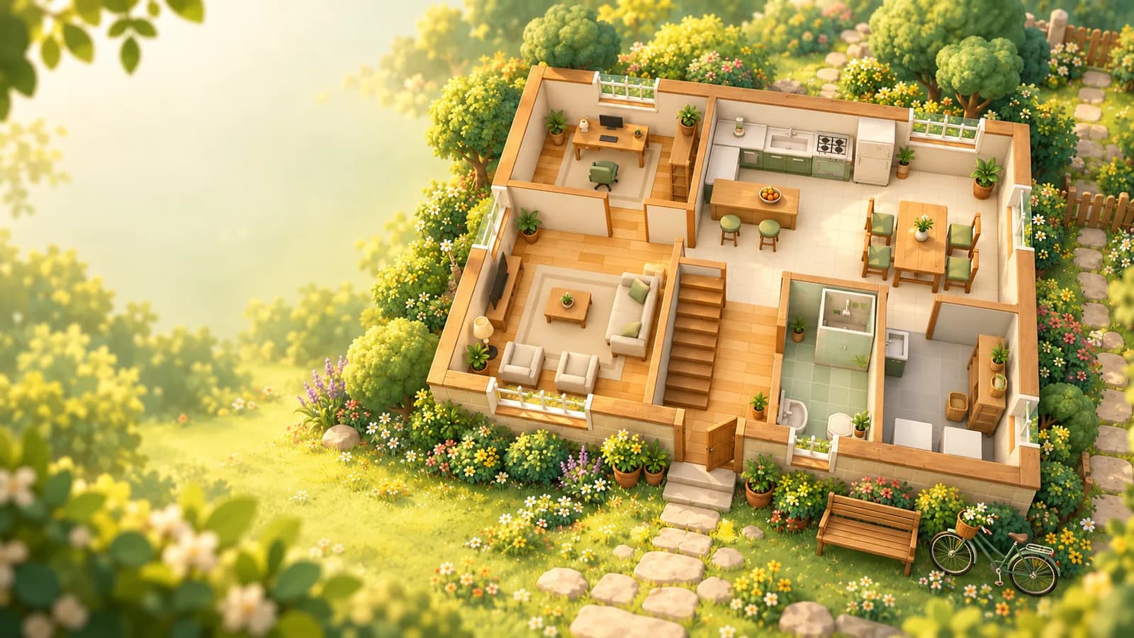 Illustration of a house seen from above, with furnished rooms and a garden around it.
